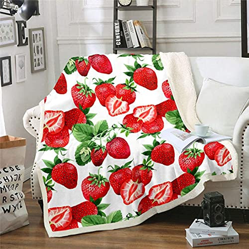Loussiesd Erdbeere Thema Kuscheldecke für Couch Bed Sofa Tropisch Frucht Druck Wohndecke Süss Erdbeere Druck Decke 150x200cm rot Flanell Fleecedecke