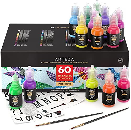 ARTEZA Pintura de Tela Permanente 3D, Juego de 60 Colores, Pintura con Relieve en Botes de 30 ml con Aplicador Fino, Materiales de Arte para Decorar Camisetas, Cerámica, Textiles y Vidrio