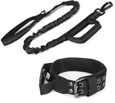Huntvp taktisches Hundehalsband mit Kontrollgriff und Hundeleine mit Doppelgriff, Militär Hundehalsband und Leine Set, Reflektierend Verstellbar für Mittlere Große Hunde Jagd Training, Schwarz M