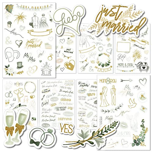 weddlyn® – Sticker für die Hochzeit – 180 Aufkleber für Hochzeits Gästebuch – inspirierende Motive – perfekte Boho Aufkleber für Hochzeitsbuch - Pastell Farbe mit Glitzer (grün)
