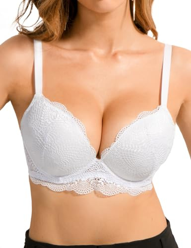 Crushnow Women's Push Up Lace Bra Padded Add 2 Cups Support Underwire Lift Up Deep V Bra for Women, White, 32A