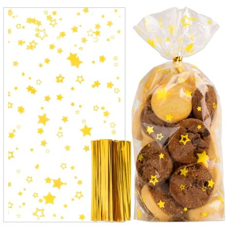 100 Stk 9.5x16cm Gold Sterne Cellophantüten Weihnachten Plätzchentüten Kekstüten Weihnachtstüten Klein transparent Zellophantüten Geschenktüten für Süßigkeiten Bonbon mit Twist Krawatten