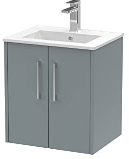 Hudson Reed JNU2321B Juno Modern Bathroom Wall Hung 2-Door Vanity with Minimalist Ceramic Basin, 500mm, Matt Coastal Grey