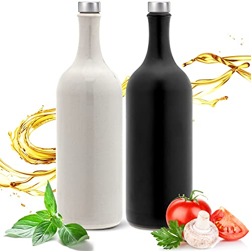 Gourmet Essig & Öl – Flaschen mit Ausgießer, Made in Germany Handgefertigt. Exklusive Steinzeugflaschen, einzigartig, zeitlos und chic. Ausgießer in Deluxe- Silber (2x 750ml. schwarz/ weiß)