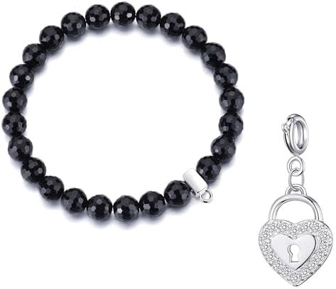 Philip Jones Faceted Black Onyx Gemstone Charm Bracelet Created with Zircondia® Crystals (choice of 15 charms) (Heart Lock)