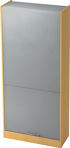 bümö Rollladenschrank in Buche/Silber mit Bogengriff - Vertikal Jalousieschrank 90 cm breit, Aktenschrank abschließbar, Büroschrank für Ordner & Co.