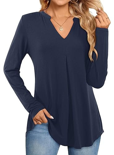 Beluring Damen Shirt Langarm Casual Oberteile V-Ausschnitt Loose T-Shirt Basic Top Marineblau XXL
