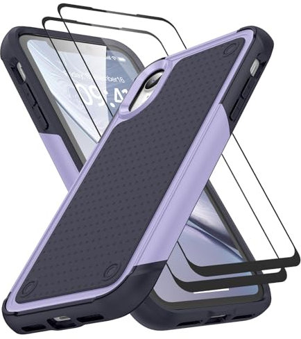 Jeylly for iPhone XR Case with 2 x Screen Protector, [Military Grade] Shockproof Drop Proof Anti Scratch Cover Hard PC Soft TPU Case for iPhone XR 6.1-inch, Light Purple