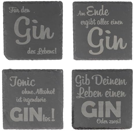 4er Set Untersetzer aus Schiefer mit Gin Sprüchen|Trinkglasuntersetzer|Untersetzer für Gläser und Tassen|Lustige Trinksprüche|hochwertige Lasergravur|Geschenkset (Gin-Sprüche)