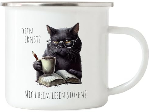 Hey!Print Dein Ernst mich beim Lesen stören Emaille Tasse Katze Leseratte Bücherwurm Roman