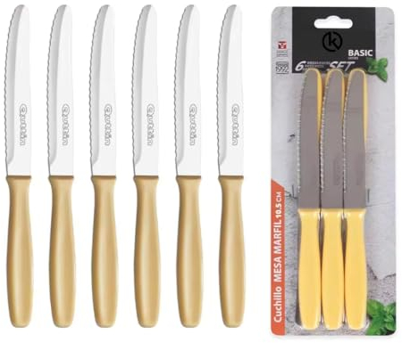KROWN - Set 6 Cuchillos de Mesa Marfil 10,5cm Juego de 6 Cuchillos de Carne. Mango Negro Resistente y Duradero. Cuchillo Apto para Mesa Carne, Pelador, Cocina.
