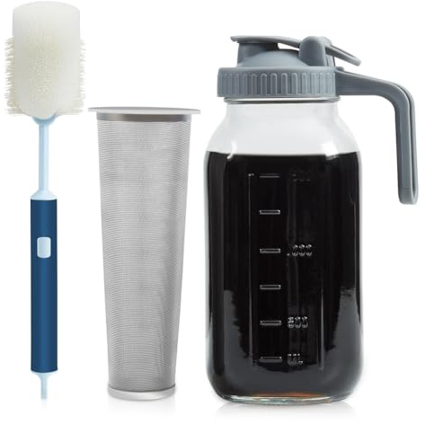 Booso Máquina de café Cold Brew de Vidrio de 64 Oz, Jarra de Cerveza Fría Resistente De Vidrio Grueso, Tapa con Boquilla y Tapa con Asa
