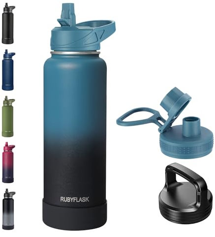 RUBYFLASK 40oz Insulated Water Bottle with Straw, Stainless Steel Metal Vacuum Water Flask, Large Thermal Water bottle with Leakproof 3 Lids for Travel, Camping, Gym Sports Indigo Black