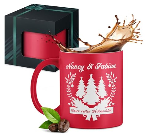 Maverton Keramik Kaffeetasse 330ml mit Gravur - Kaffeebecher mit funktionellem Henkel - personalisierter Keramikbecher für Paar zum Hochzeitstag zu Weihnachten - matt rot - Innen weiß - Bäume