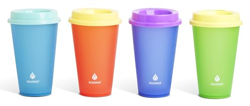 Manna Wiederverwendbares Becher-Set für heiße Flüssigkeiten, Farbwechsel, 473 ml, Rot, Grün, Blau, Himmelblau, 4-teilig