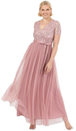 Maya Deluxe Maxi Dress for Women Ladies Braidesmaid V-Neck Ball Gown Short Sleeves Long Elegant Empire Waist with Belt Vintage Rose Size 18