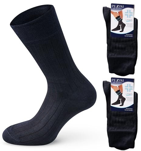 Pezzini 2/6/12 Paia di Calze Corte Sanitarie a Coste Filo di Scozia Uomo 100% Made in Italy - Calzini Sanitari in Cotone Anallergico - Senza Elastico per Diabetici o Personale Sanitario (2Blu, 42-44)