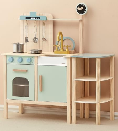 Pillowhale Kinderküche Holz,Spielzeug Spielküchen mit Lagerregal,Spielküche Zubehör Spielzeug,Koch Pretend-Spielset für Mädchen Jungen Kleine ab 3 Jahren|Blau,Best Gift for Girls and Boys