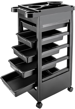 Rollwagen Friseurwagen Arbeitswagen Bedienungswagen Stapelboy Arbeitskasten Schwarz Rollregal Salon Trolley für Friseurladen Beauty Salon mit 5 Schubladen, Föhnhalter und 4 Rollen, 50 * 32 * 81cm