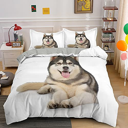 BJCJGGL Bettwäsche 135x200 Grauer Alaskan Malamute Bettwäsche-Set mit Reißverschluss Schließung und 2 Kopfkissenbezug 80x80 cm - Weicher Atmungsaktive Mikrofaser Bettbezug für Kinder Mädchen