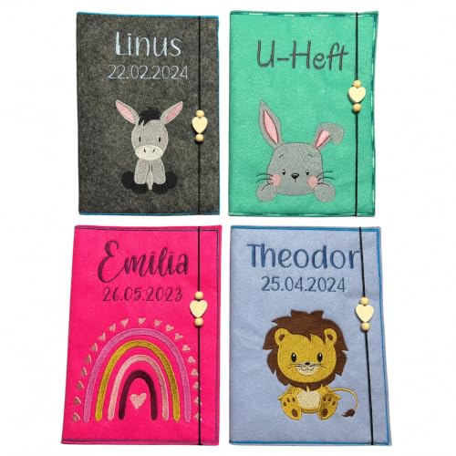 Bestickte U-Heft-Hülle aus Filz mit Motiv, Name & Datum - personalisiert | Geschenk zur Geburt, Schutz für Untersuchungsheft & Impfpass, Handarbeit