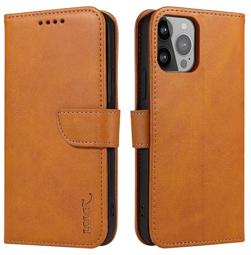 LOLFZ Wallet Case for iPhone 13, Vintage Leather Book Case with Card Holder Kickstand Magnetic Closure Flip Case Cover for iPhone 13 - Light Brown