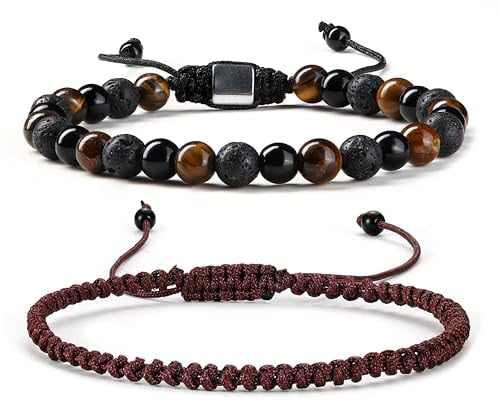KRFY Men's Bracelet, 2 Pack Handmade Elastic Rope Beaded Bracelets, Adjustable Lava Stone & Tiger Eye Black & Brown Men's Bracelets