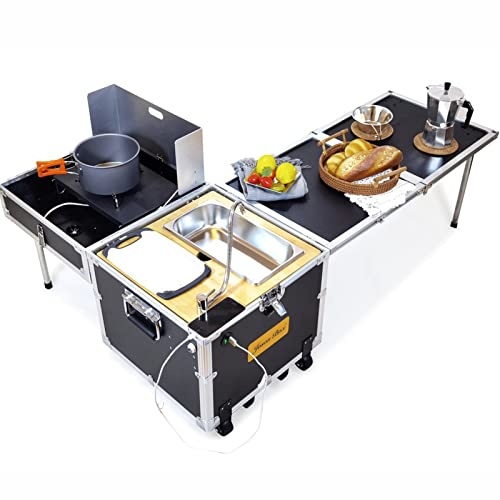 XNYXLPP Table Pliante de Station de Cuisine de Camping | Station de Cuisine extérieure Portable en Aluminium | avec Pare-Brise, évier, Table d'appoint Pliante