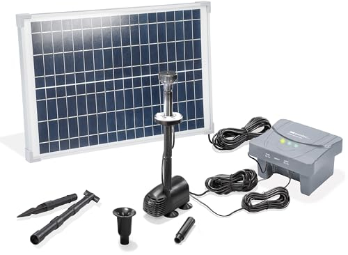 esotec Kit de pompe solaire de bassin 25/700 LED, pompe de bassin avec filtre, pompe d'arrosage extérieure 700 l/h, batterie LiFePo4, module solaire 25 W, fontaine solaire, jeu d'eau, pompe de