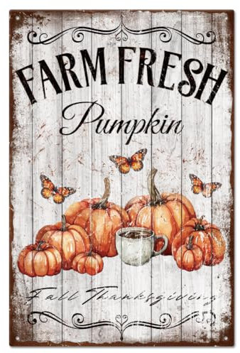 GLOBLELAND Fall Vintage Farm Fresh Metal Tin Sign 8×12inch Retro Pumpkin Butterfly Tin Room Door Sign Tin Painting Art Plaque Poster Wall Decor for Home Living Room Garden Decoration