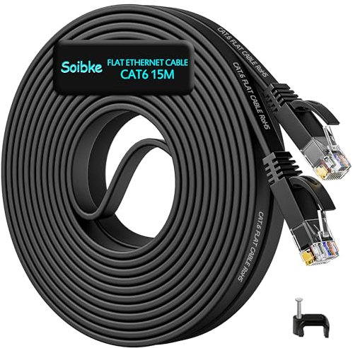 Cable Ethernet 15 Metros, Cat 6 Cable LAN Alta Velocidad Cable de Red 15m Plano 1Gbps - RJ45 15m Largo Gigabit Negro Cable de Internet para Switch Rúter
