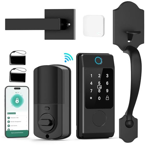 Miuedo WiFi Front Door Lock Set - Keyless Entry Smart Lock Handle Set With Fingerprint, Alexa, Remote Access, Bluetooth App