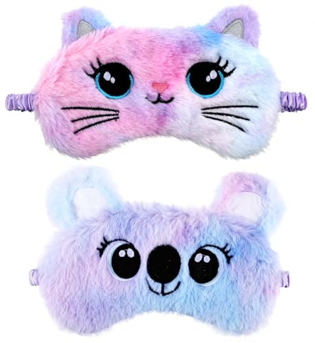 Schlafmaske für Kinder 2er Pack Weiche Augenbinde für Plüsch Schlafaugenabdeckung Süßer Tier Schlafaugenschutz für Mädchen Jungen Reisen Nickerchen Partyzubehör(Lila Bunt, Katzen-Koala-Stil)