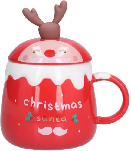 MAGICVOGEL Süße Weihnachtstasse mit 3D Hirschhorn 450ml Keramik Kaffeebecher weihnachtlichem Design Kaffeetasse mit Rührlöffel Geschenk für Familie & Kollegen (Rot- Christmas Santa)
