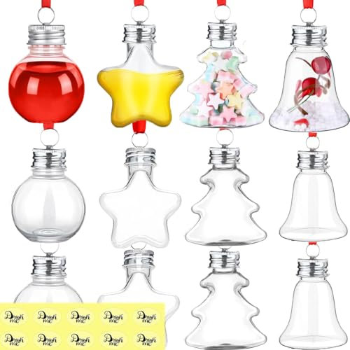12Pcs Christmas Booze Balls with 24Pcs Stickers and Red Rope Fillable Plastic Light Bulb Shape Pendant Ball Christmas Tree Shape Bell Shape Christmas Bulb Ornaments for DIY Home Holiday Party Decor