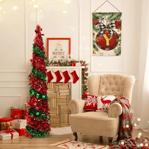 Warmiehomy 5ft/150cm Christmas Tree Decorations Xmas Tree Pop Up Collapsible Christmas Trees with Sequin Glittering Pencil Christmas for Home Office Store Christmas Decor, Red & Green