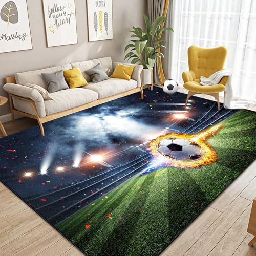 Dai Lufei Fußballplatz Spielteppich, Eisfeuer Fußball Bedruckt Großflächige Teppiche Sport rutschfest FußBall Teppich 3D Fußball Mit Flammen Bedruckten Teppichen Für Jugendzimmer, 120x160cm