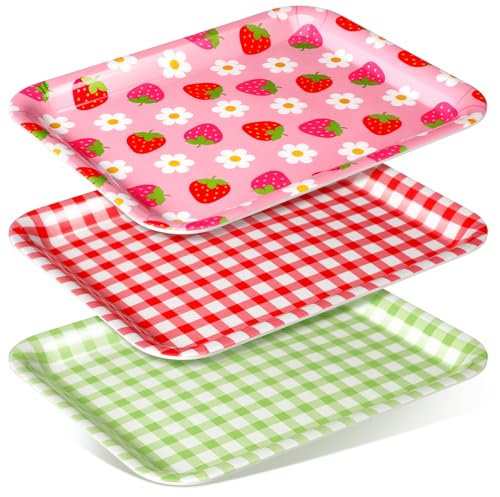Tioncy 3 bandejas de fiesta de cumpleaños de fresa, platos de fresa de 13 x 10 pulgadas, bandejas de servir de plástico de fresa, platos reutilizables de melamina rosa para decoraciones de fiesta de