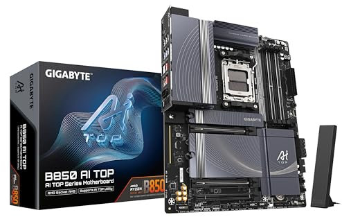 GIGABYTE B850 AI TOP Motherboard - AMD Ryzen 9000 Series CPUs, 16+2+2 Phases Digital VRM, up to 8600MHz DDR5 (OC), 2xPCIe 5.0 + 1xPCIe 4.0 M.2, 10 LAN, WIFI 7, USB 3.2 Gen 2x2