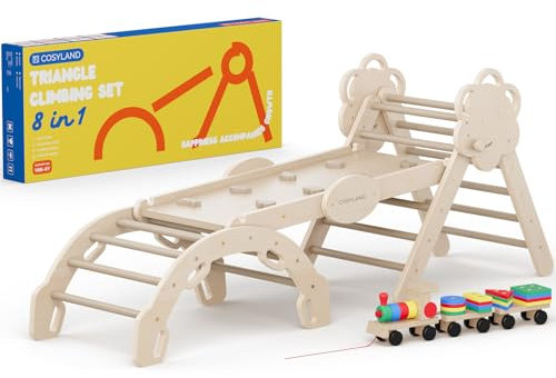 COSYLAND Arrampicata per Bambini 8 in 1 - Triangolo di pikler Regolabile a 3 Livelli con Scivolo, Gioco Treno e Confezione Regalo, Palestra Bambini Pieghevole da Interno, 18M-6Y, Naturale