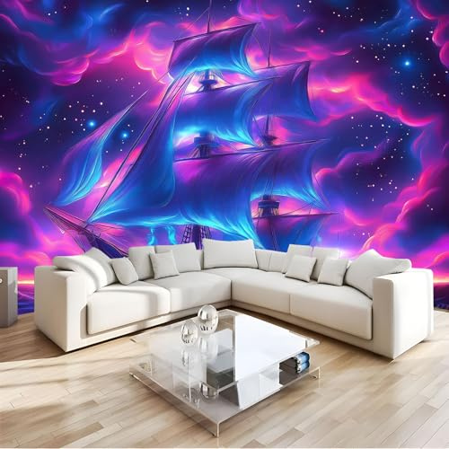 MIATCENRT Fantasy Art Mural Wallpaper, Neon Lights Boats Wall Murals Silk Cloth 3D Art Photo Wallpaper, Modern Living Room Bedroom Restaurant Background Wall Paintings 250X175Cm (Wxh)