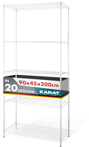 KARAT Metallregal - Aufbewahrungseinheit mit 5 Regalböden, höhenverstellbaren Einlegeböden und Nivellierfüßen (Rocky, weiß - 90 x 45 x 200 cm)