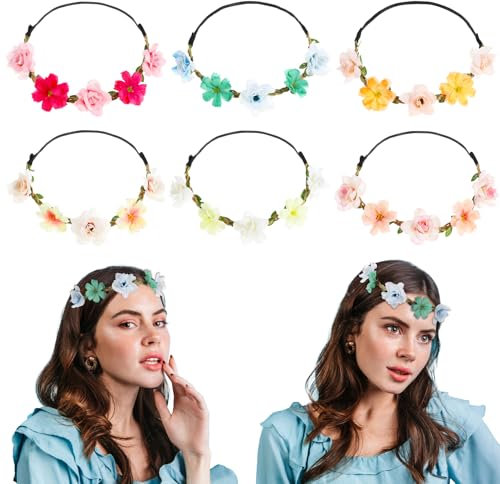 Wanmu 6 Stück Blumenkranz Haare, Kinder Haarkranz Blumen Stirnband Haarbänder, Braut Blume Blumenkraanz Haarreif Girlande für Festival Party Hochzeit, Brautjungfern, Damen, Mädchen, Teenager