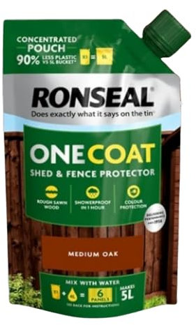 SAVING HUB - One Coat Shed & Fence Protector Refill Pouch 950ml - Outdoor Wood & Furniture Paint - for Rough Sawn & Smooth Planed Wood - Sheds & Fences Life Plus - Dry in 1 Hours (Medium Oak)