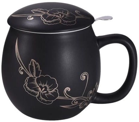 Yundu Tasse en céramique de 360 ml avec couvercle et passoire en acier inoxydable – Design noir mat avec fleur dorée – Infuseur à thé en acier inoxydable 304 pour thé en vrac