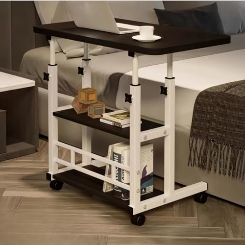 3 Tier Computer Desk, Height Adjustable, Portable Mobile Office Desk with Wheels, Laptop Table Study Desk, Desktop Workstation, Work Table, Home Office Furniture, 60 x 37 x 60-90cm, Black