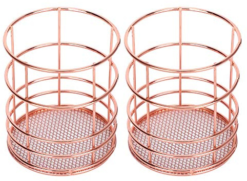 Akozon Panier de Rangement de Bureau Rond 2pcs Rose Gold Holder, Boîte d'organisateur de Maquillage en Maille Métallique