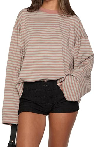 Kouoybt Womens Striped Long Sleeve Shirt Oversized Crewneck Sweatshirt Y2k Casual Loose Pullover Top Streetwear (A-Pink, S)