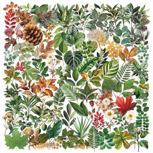 100Pcs Scrapbooking Stickers, Transparent Waterproof Plant Floral Stickers with Aesthetic Nature Leaf Designs, PET Material Sticker Pack for Junk Journal Planner and Laptop Decoration