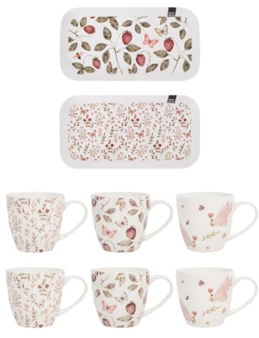 Mad About Mugs Set – 2 Rectangular Tea Trays 28.5cm & 6 Stoneware Mugs 340ml – Strawberry & Floral Pattern, Dishwasher Safe, Durable Everyday Tea & Coffee Cup and Tray Gift Set